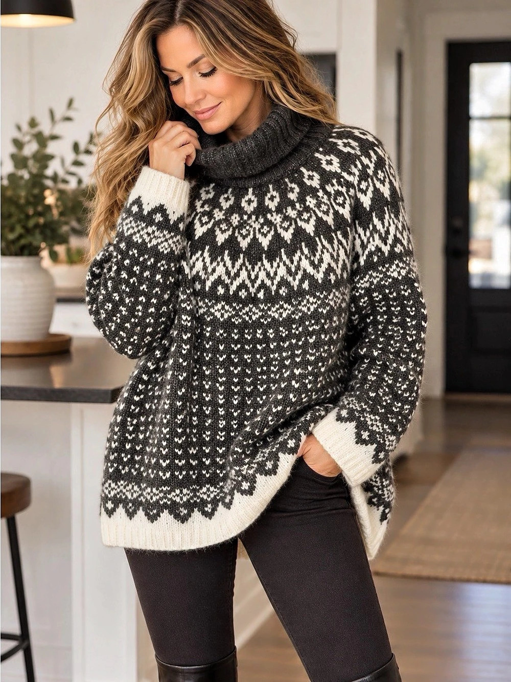 26” ptp Women's Geometric Cowl Neck Sweater in Black & White